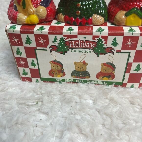 New in Box set of 3PC  ceramic Bear Bell Ornament Red ,Green & Tan colors - Picture 12 of 12
